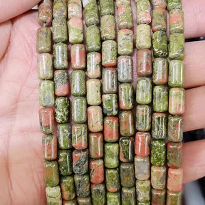 Perline cilindriche in unakite naturale 6x10mm verde e rosa per creazione gioielli DIY