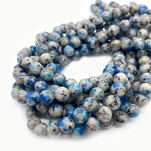 Perle rotonde in diaspro K2 naturale con punti blu per collane e bracciali fai-da-te