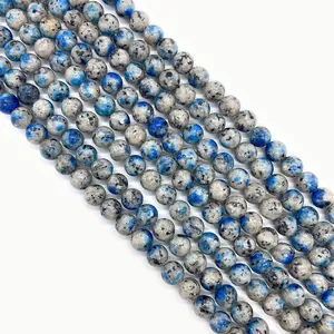 Perline Rotonde in Diaspro Granito K2 Naturale con Macchie di Azzurrite Sciolte per Creazione di Braccialetti e Gioielli