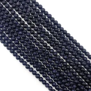Perles rondes en pierre de soleil bleue polie pour bijoux avec effet galaxie scintillante