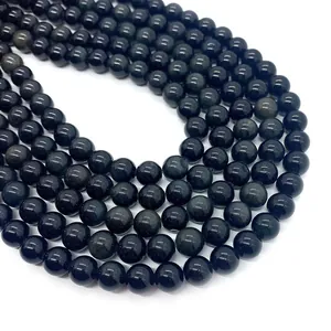 Fili di perle tonde in ossidiana nera lucida per la creazione di gioielli fai da te