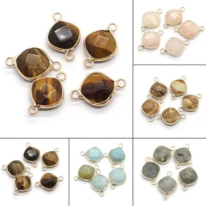 Colgante Conector de Rombo Facetado de Piedra Natural Con Borde de Cobre Chapado en Oro Para DIY Joyería Labradorita Ojo de Tigre