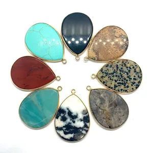 Lot de 8 pendentifs gouttes en pierre naturelle avec bordure dorée pour bijoux DIY