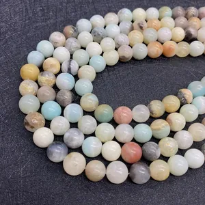 Close-up of polished Amazonite round beads in various colors for DIY jewelry making