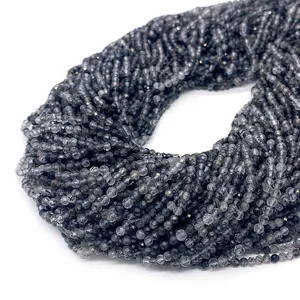Perle tonde in quarzo rutilato nero sfaccettato 2-4mm in pietra naturale per gioielli