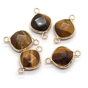Set de 5 conectores cuadrados de ojo de tigre bañados en oro para creación de joyas