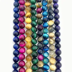 Natural Stone Colorful Tiger Eye Round Loose Beads Smooth Polished Chatoyancy Cat Eye Stone For DIY Jewelry Making Necklace Bracelet