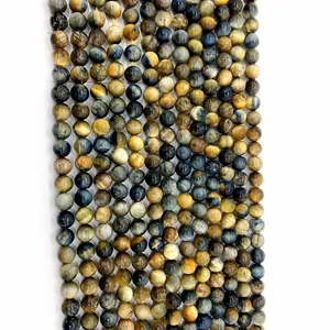 Natural Blue Yellow Tiger Eye Stone Round Loose Beads Strand Polished Cat Eye Effect Stone Beads For DIY Jewelry Making Bracelet Necklace Finding