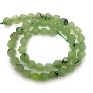 Faceted natural prehnite green stone beads with black needle inclusions for jewelry