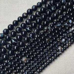 Perles rondes en agate noire rayée naturelle de 4 à 12mm pour la création de bijoux