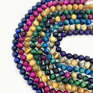 Mixed color natural tiger eye round beads for DIY jewelry making with cat eye effect
