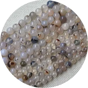 Perles rondes en agate mousse naturelle polie avec des motifs internes noirs uniques