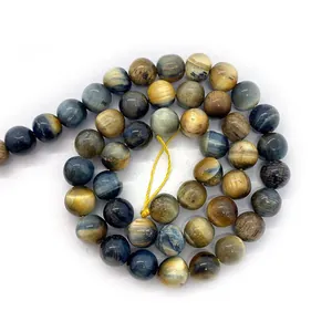 Natural blue yellow tiger eye round loose beads for DIY handmade jewelry bracelets