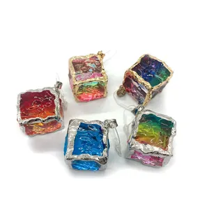 Rainbow gradient crystal cube pendants with gold and silver plated metal edges