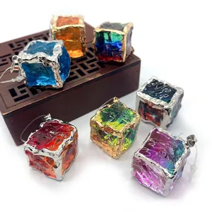 23mm cube crystal pendants with ice crack texture and gold-silver metal plating