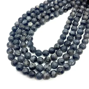 Macro shot of dark grey labradorite beads with brilliant blue and gold labradorescence fire
