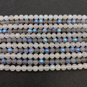 Macro shot of 8mm labradorite and moonstone round beads showing blue iridescent flash