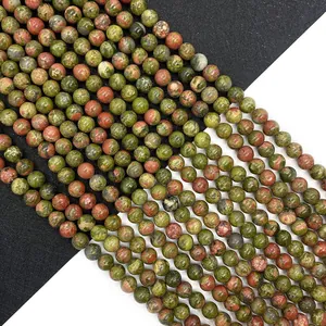 Natural Unakite round loose beads for DIY jewelry making with green and pink patterns