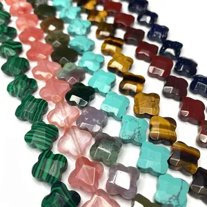 Perline a quadrifoglio sfaccettate in malachite e occhio di tigre per gioielli fai da te