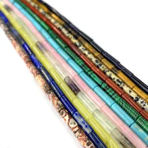 Natural 4x13mm gemstone cylinder tube beads in malachite lapis lazuli and rose quartz