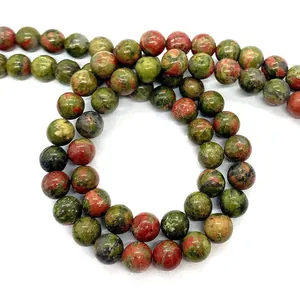 Natural round Unakite stone beads for DIY jewelry necklaces with green and pink texture