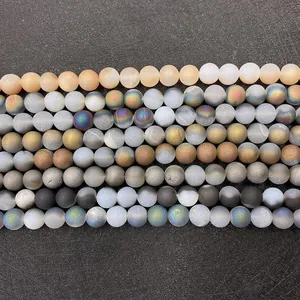 Detailed view of matte druzy agate beads in various iridescent colors for DIY jewelry