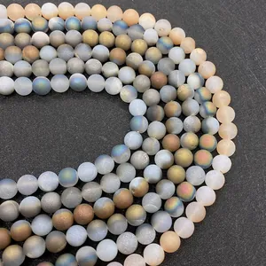 Macro detail of 6mm frosted agate beads with iridescent blue sheen for DIY jewelry