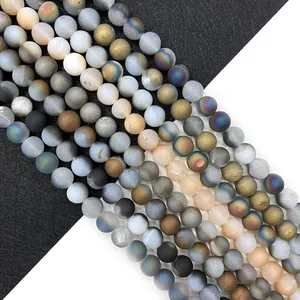 Frosted matte natural agate round beads in assorted electroplated colors for DIY jewelry