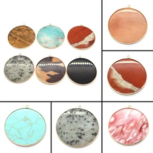 Round Natural Stone Pendant Gold Plated Copper Banding Picture Jasper Black Agate For DIY Necklace Jewelry Making Accessory