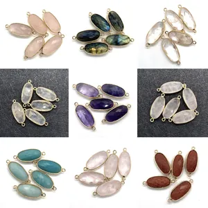 Detailed grid of faceted oval gemstone connectors with gold-plated edges for jewelry making