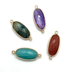 Faceted oval semi-precious stone connectors in gold frames for DIY jewelry making