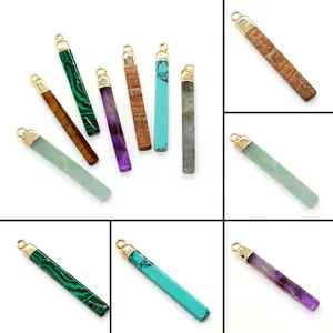 Natural Stone Rectangular Column Pendant Gold Plated Alloy Malachite Tiger Eye Amethyst For DIY Necklace Jewelry Making Accessories