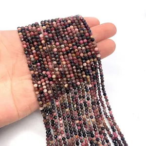 Faceted natural rhodonite stone round beads for DIY jewelry making with pink and black veins