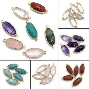 Faceted Oval Natural Stone Connector Pendants With Gold Plated Edge Double Hole Connectors For DIY Jewelry Making Necklaces