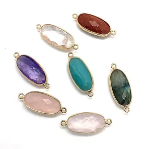 Faceted natural stone oval connector pendants with gold plating for DIY jewelry making