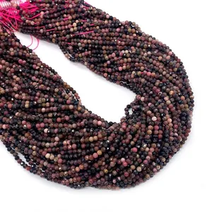 Faceted Rhodonite natural stone beads for DIY jewelry making in pink and black hues