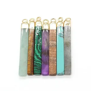 Natural malachite and turquoise rectangular stone pendants with gold metal bails