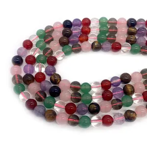 Polished 8-10mm natural gemstone round beads mix of rose quartz tiger eye and agate