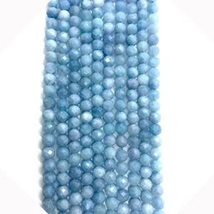 Piedra Natural Facetada Aguamarina Cuentas Sueltas Redondas Agujero Recto Cuentas Trenzadas Para DIY Creación Joyería Artesanía
