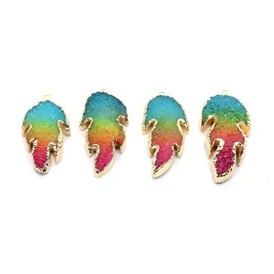 Set of four rainbow druzy leaf pendants with gold metal plating for DIY jewelry