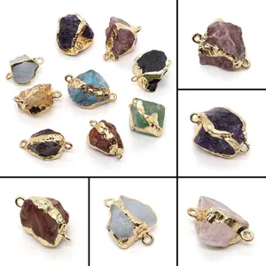 Naturstein Anhänger Unregelmäßig Verbinder Gold Galvanisiert Kristall Amethyst Rosenquarz Citrin DIY Schmuckherstellung Zubehör