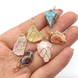 Set of six irregular raw crystal pendants with gold wire wrapping for DIY jewelry making