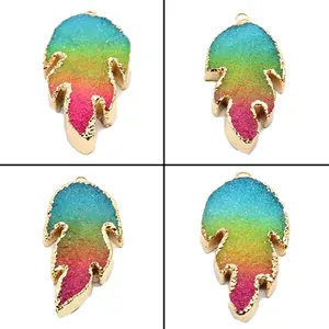 Rainbow Crystal Leaf Shaped Pendant Natural Stone Electroplated Copper DIY Jewelry Making Accessory For Necklace Women Gift Jewelry