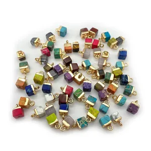 Polished natural stone cube pendants in various colors with golden metal hooks for DIY jewelry