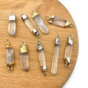 Natural clear quartz pillar pendants with gold and silver plated metal caps