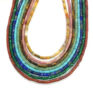 Multi-color tube gemstone beads strand in red jasper tiger eye and lapis lazuli stones