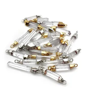 Natural white quartz crystal point pendants with gold and silver plated metal caps