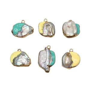 Baroque natural shell pearl pendants with gold edges and blue yellow enamel for DIY jewelry