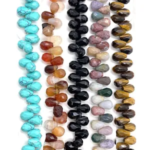 Faceted Teardrop Natural Stone Beads For Jewelry Making DIY Necklace Bracelet Accessories Black Agate Rose Quartz Tigers Eye Loose Beads