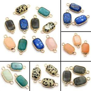 Natural Stone Rectangular Double Loop Connector Pendants Alloy Edged Rose Quartz Lapis Lazuli Charms For DIY Jewelry Making Crafts